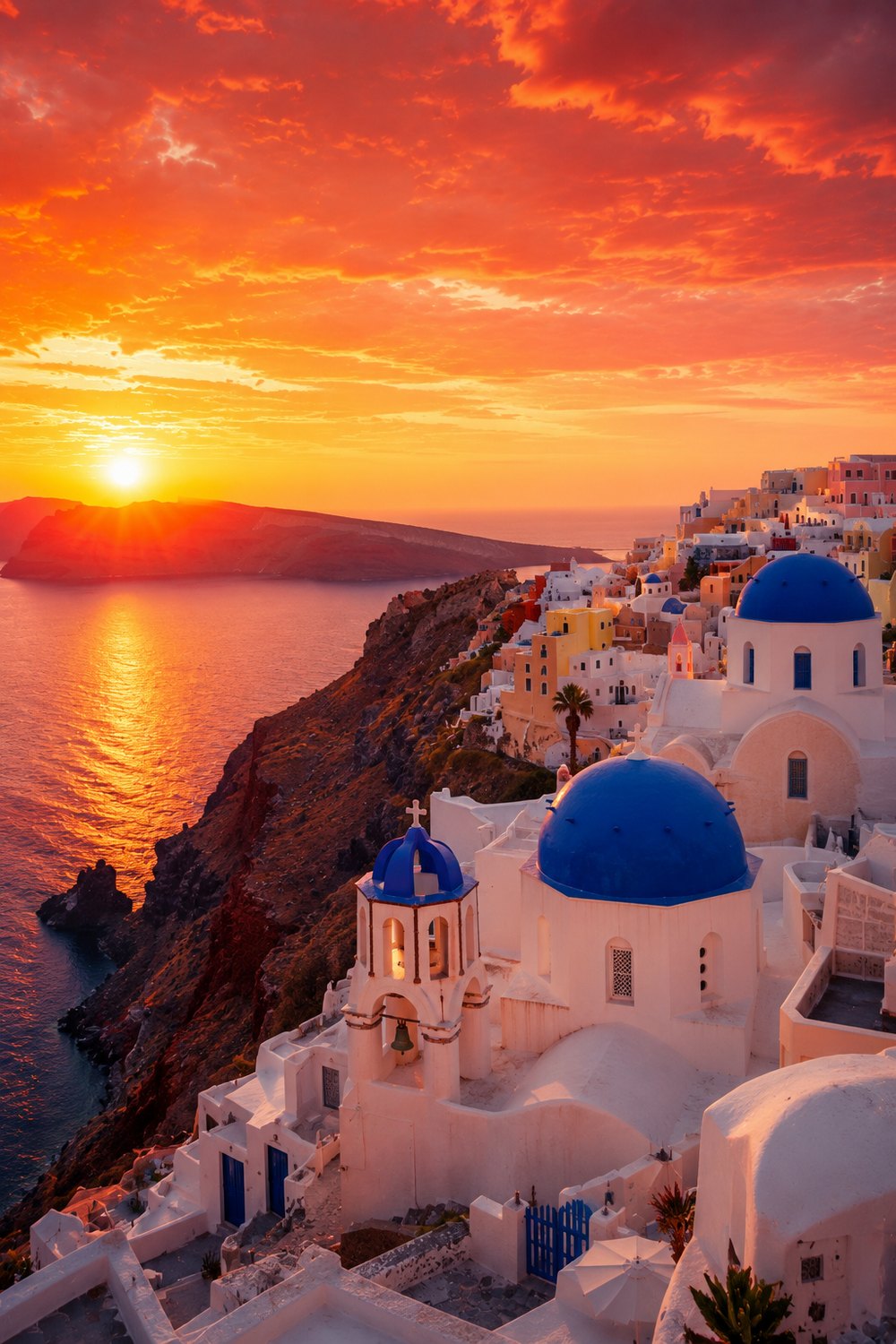 Whitewashed villages and blue-domed churches above the Santorini caldera at sunset