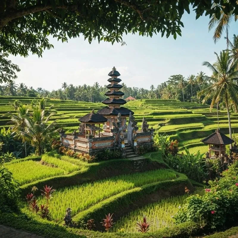 Bali temple at sunrise with jungle and ocean beyond