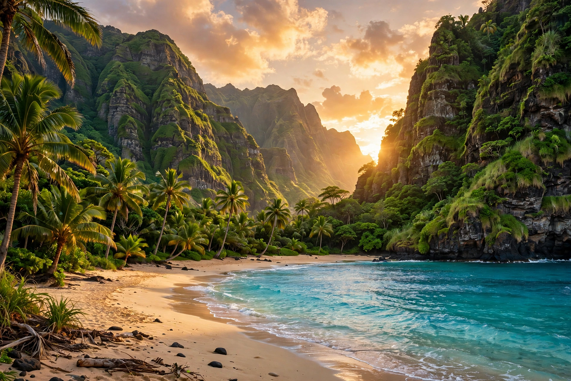 Maui Hawaii beach with palm trees and turquoise water at sunset